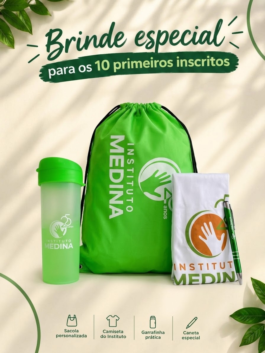 Brinde especial do Instituto Medina: sacola, camiseta, garrafinha e caneta